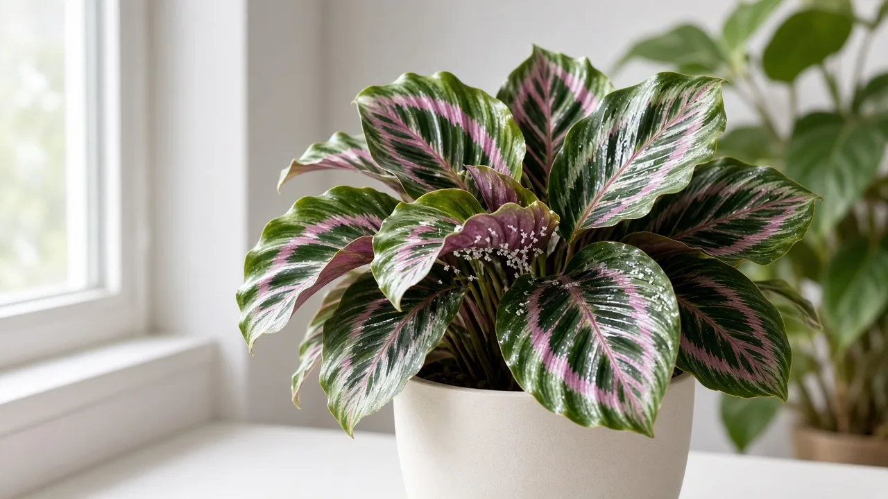 Whiteflies on Calathea - tiny white insects and honeydew on patterned prayer plant foliage
