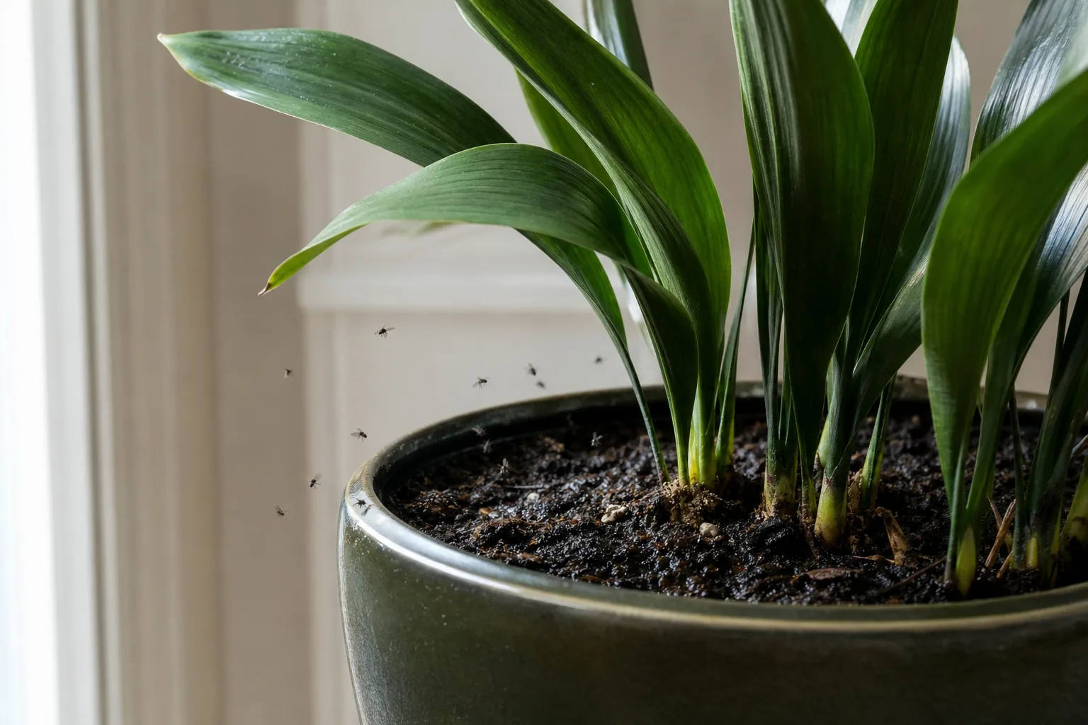 Fungus gnats on cast iron plant - tiny flies hovering over moist potting mix