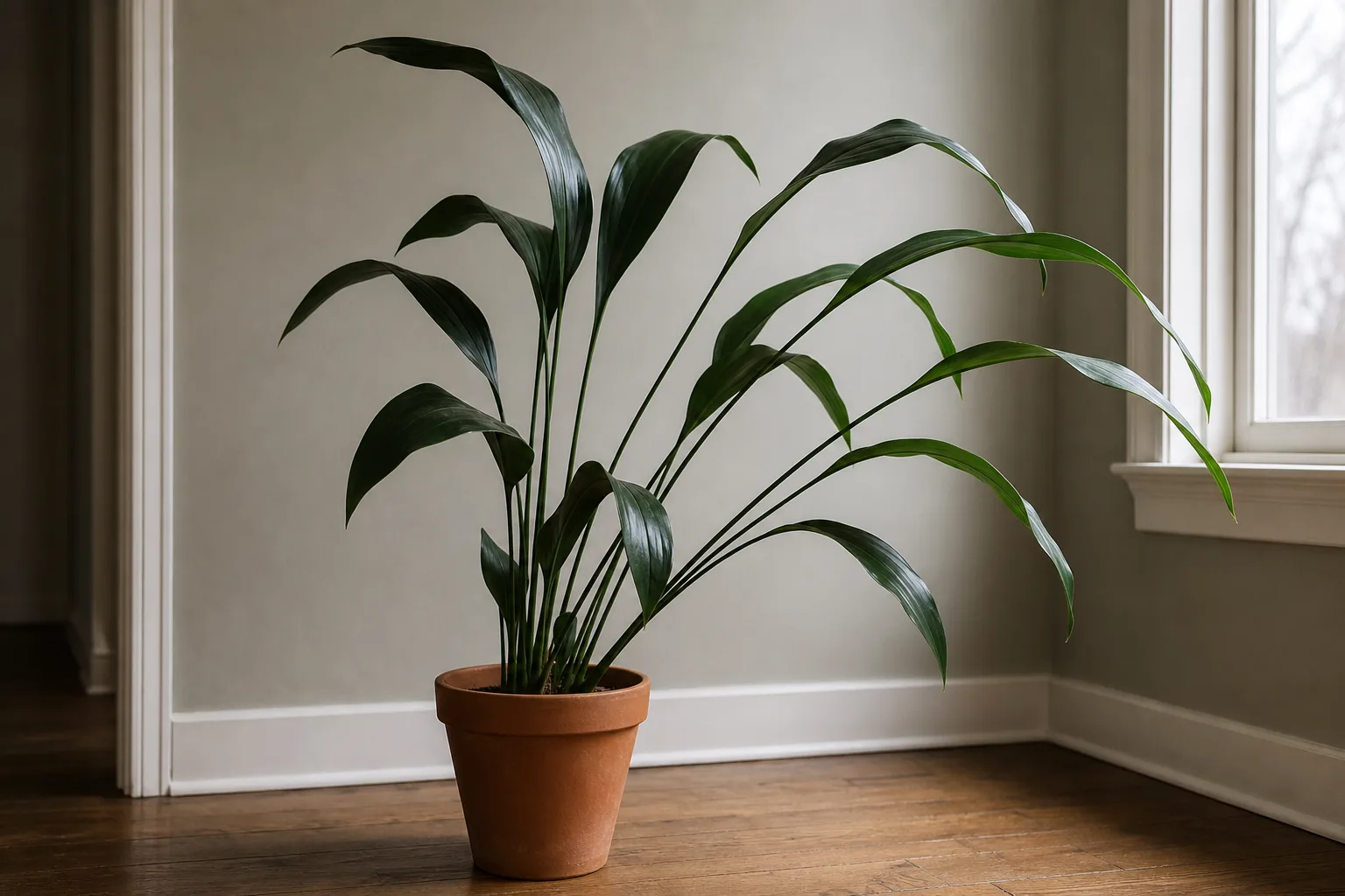 Leggy growth on Cast Iron Plant - elongated weaker petioles and clump lean toward the brightest window