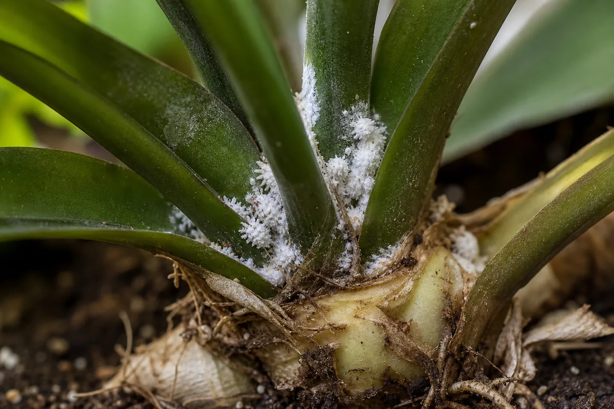 Close-up of mealybugs on Cast Iron Plant - white cottony waxy tufts at a petiole base where the leaf stem meets the rhizome
