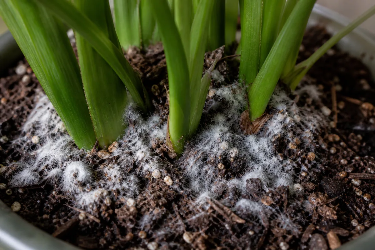 Close-up of mold on soil on Cast Iron Plant - white and gray fuzzy saprophytic growth on damp potting mix at the rhizome crown