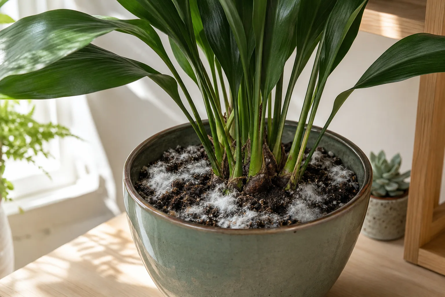Mold on soil on Cast Iron Plant - white fuzzy patches on damp potting mix around firm arching leaves