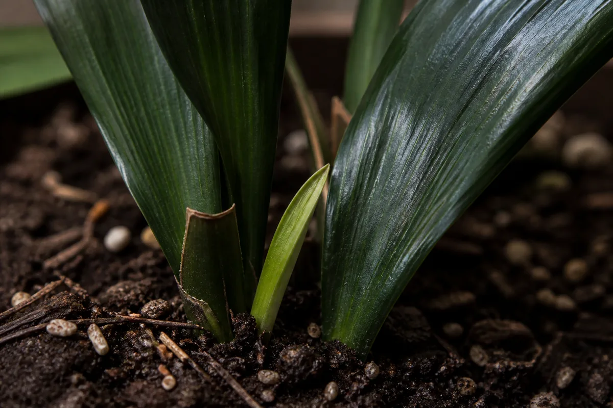 Close-up of not enough light on Cast Iron Plant - smaller dull new leaf at the rhizome crown beside larger older foliage