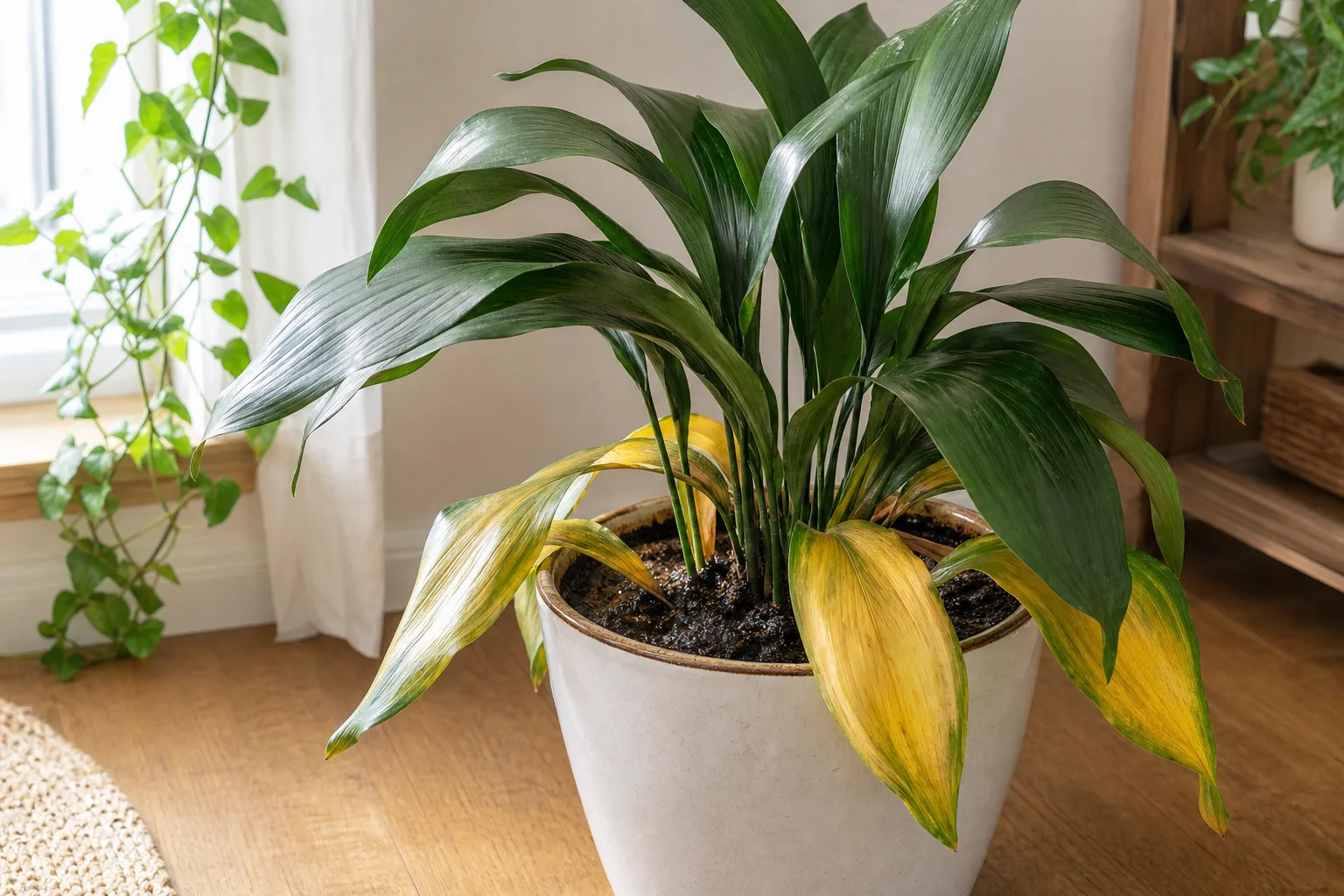 Overwatering on Cast Iron Plant - yellow lower leaves on dark damp potting mix in a ceramic pot