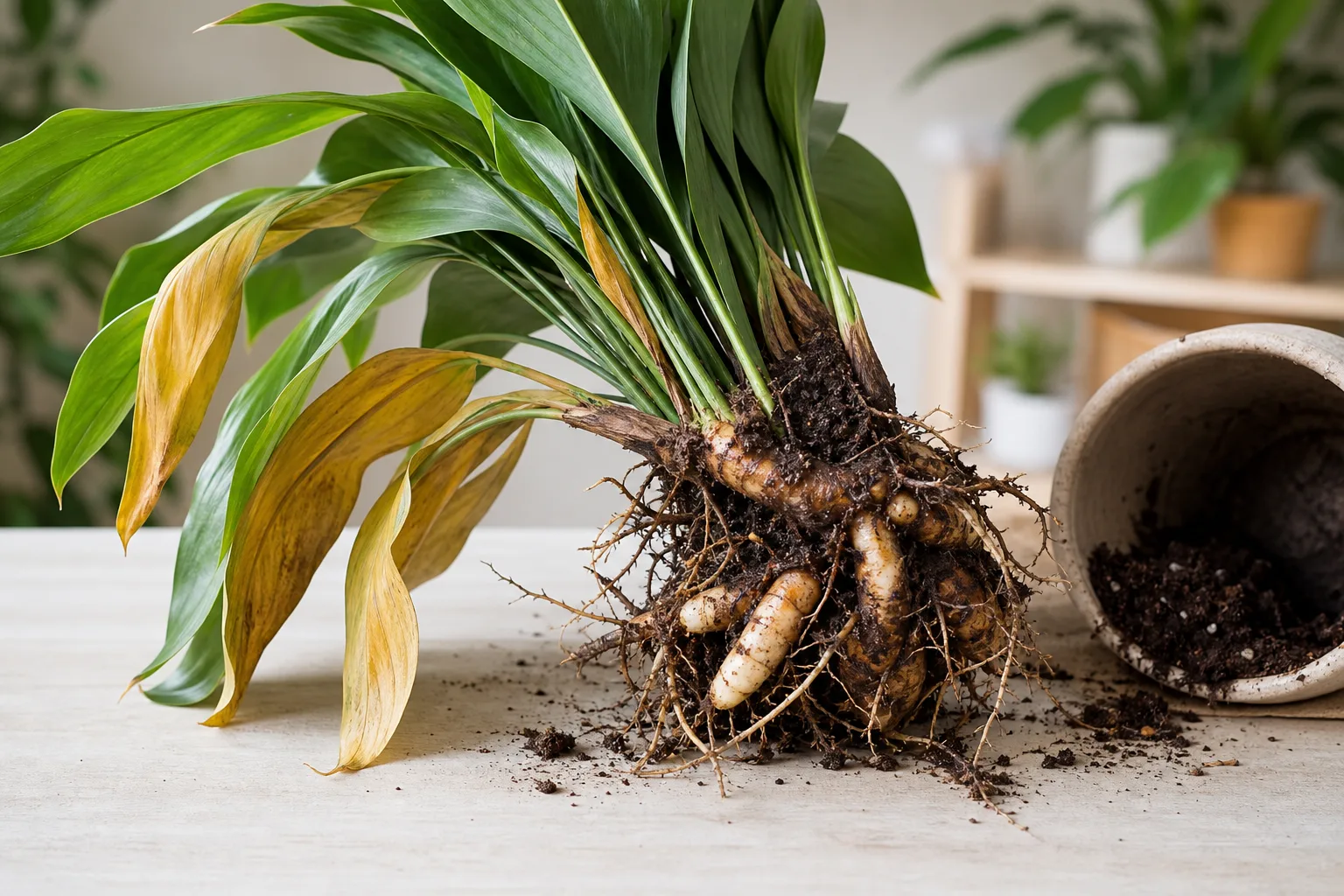 Root rot on Cast Iron Plant - yellowing leaves above exposed mushy brown rhizome tissue during inspection