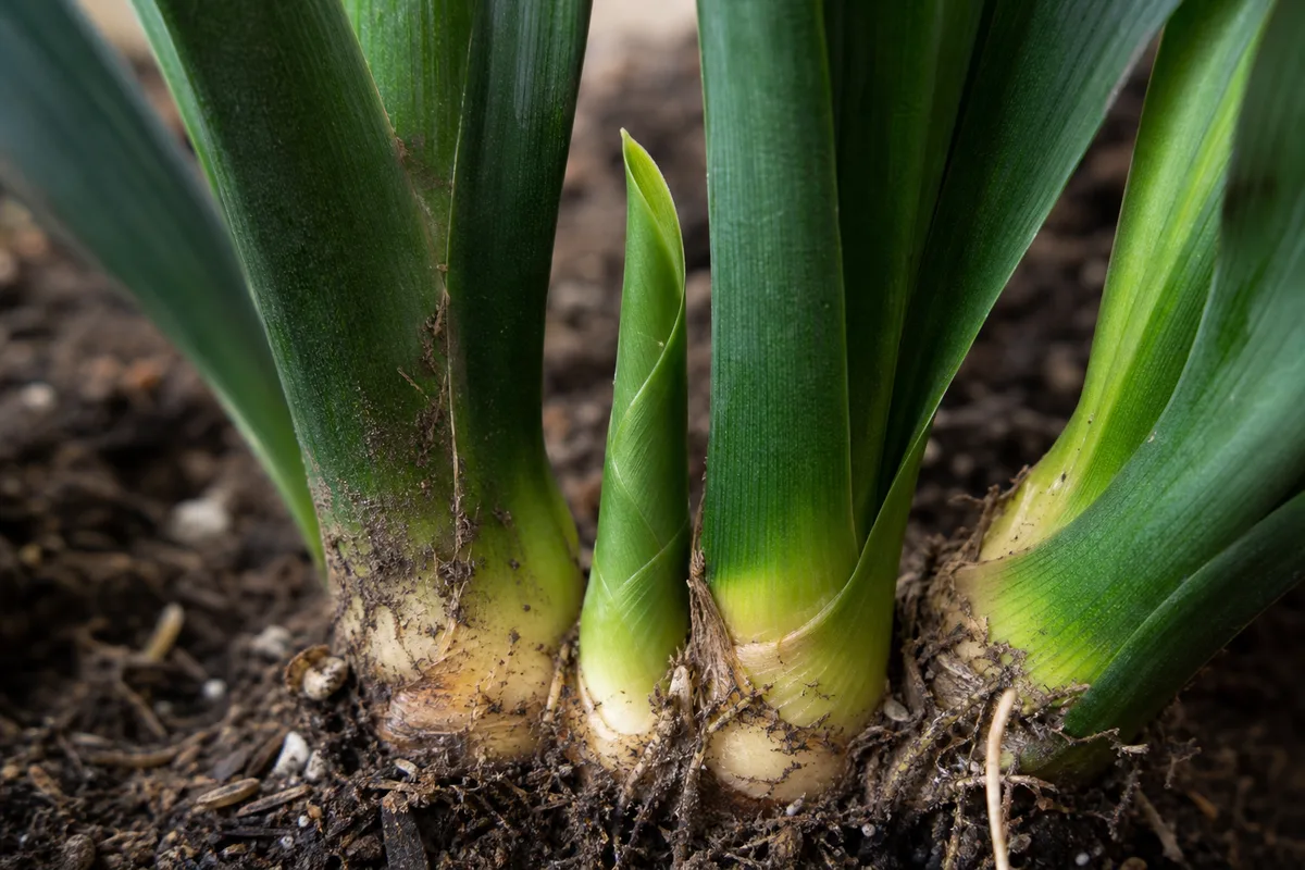 Close-up of slow growth on Cast Iron Plant - tight rolled leaf spear emerging from the rhizome crown at soil level
