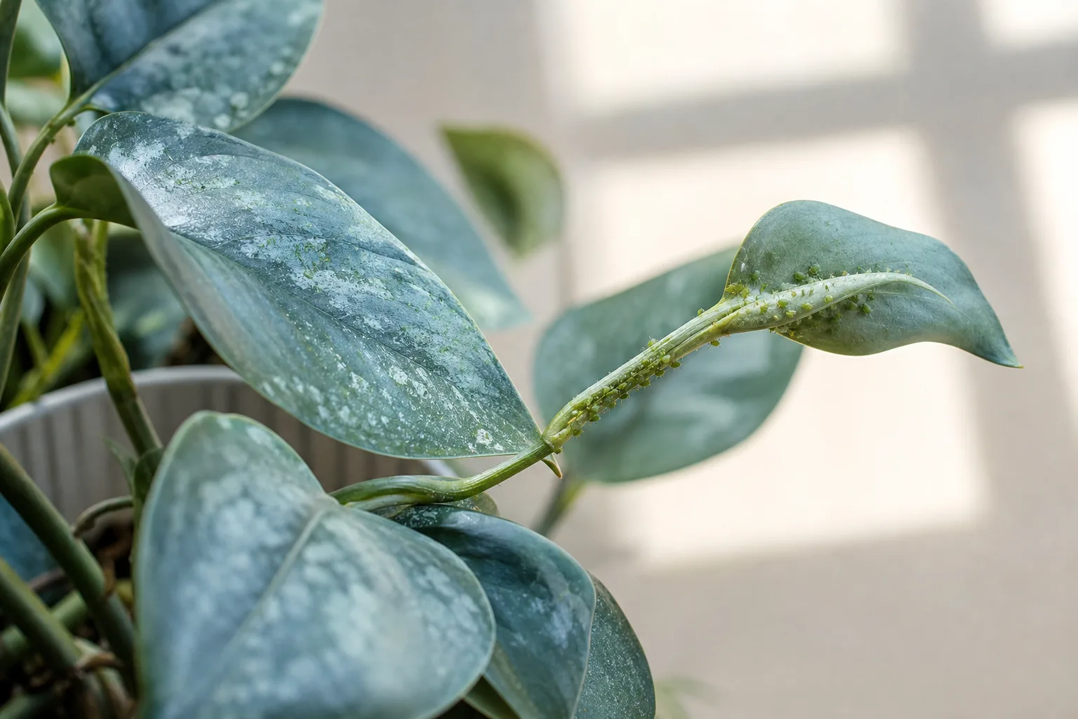 Aphids on Cebu Blue Pothos - small green aphids on a silver-blue vine tip with sticky honeydew