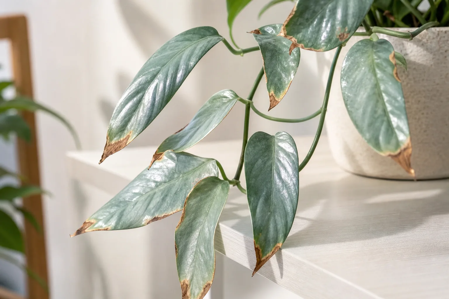 Brown tips on Cebu Blue Pothos - crispy brown margins on silvery blue-green arrow-shaped leaves