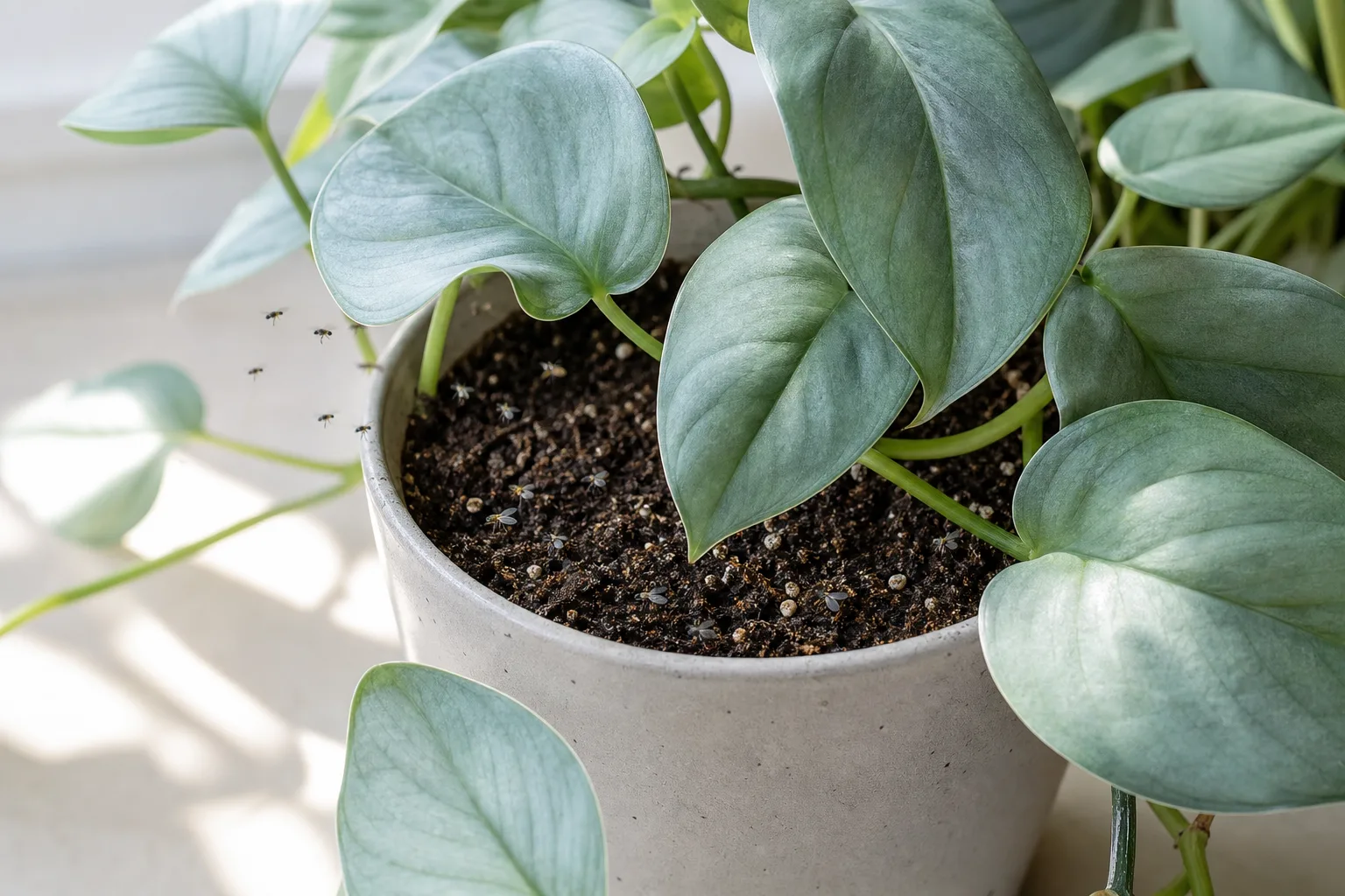 Fungus gnats on Cebu Blue Pothos - tiny dark flies hovering near wet potting mix at the soil surface