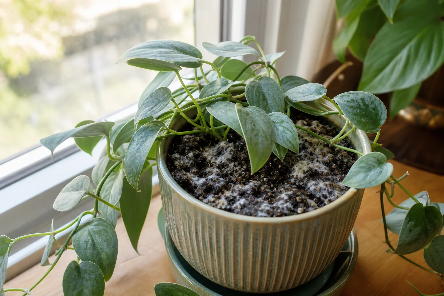 Mold on soil on Cebu Blue Pothos - white fuzzy patches on wet potting mix with healthy silvery vine above