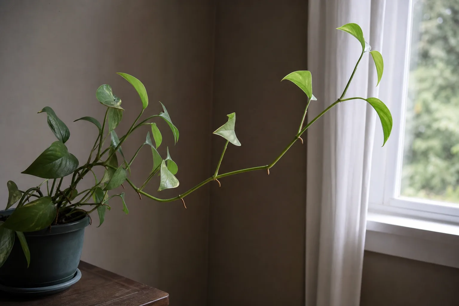 Not enough light on Cebu Blue Pothos - leggy vine with long bare sections and faded green leaves