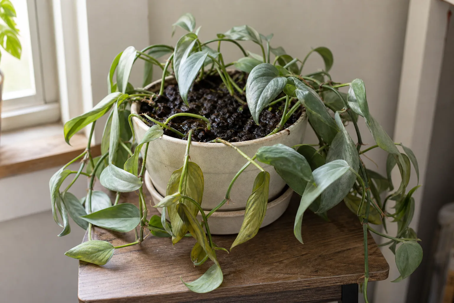 Overwatering on Cebu Blue Pothos - limp silvery-blue leaves with wet heavy potting soil