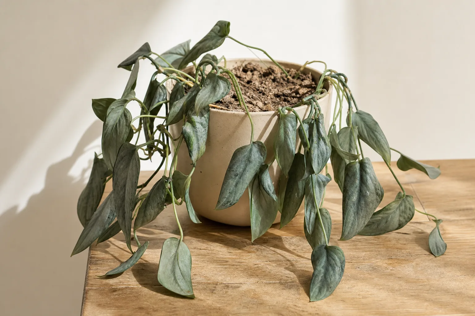 Underwatering on Cebu Blue Pothos - limp silvery-blue leaves on a light pot with dry mix