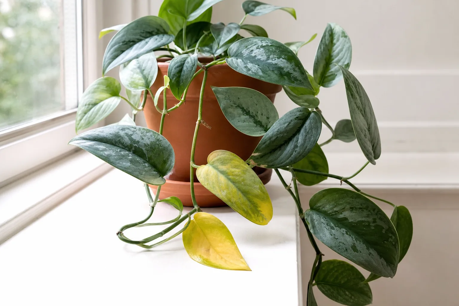 Yellow leaves on Cebu Blue Pothos - pale yellow lower leaves with faded blue sheen on a trailing vine