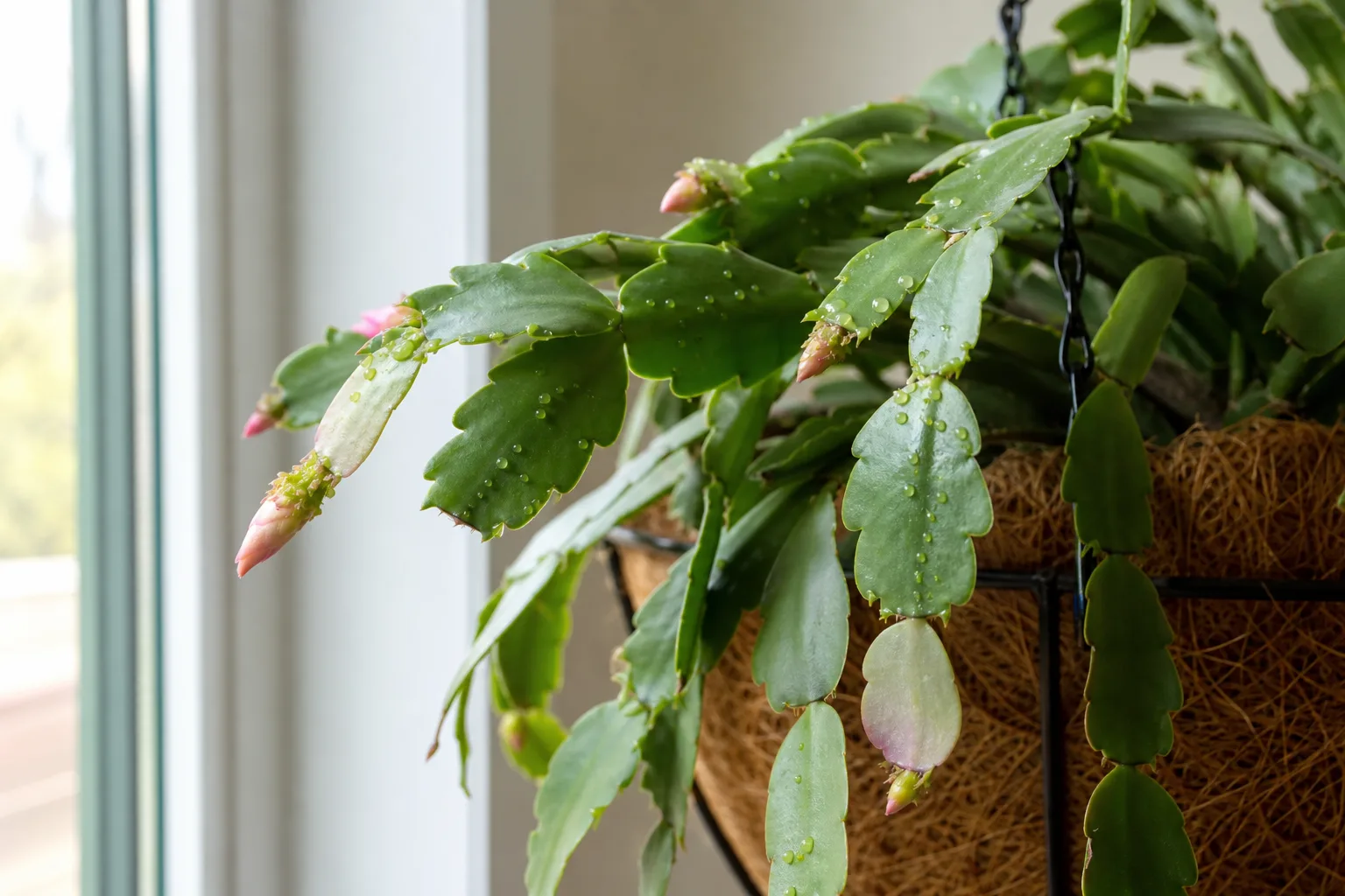 Aphids on Christmas cactus - green pear-shaped insects clustered on segment tips with sticky honeydew