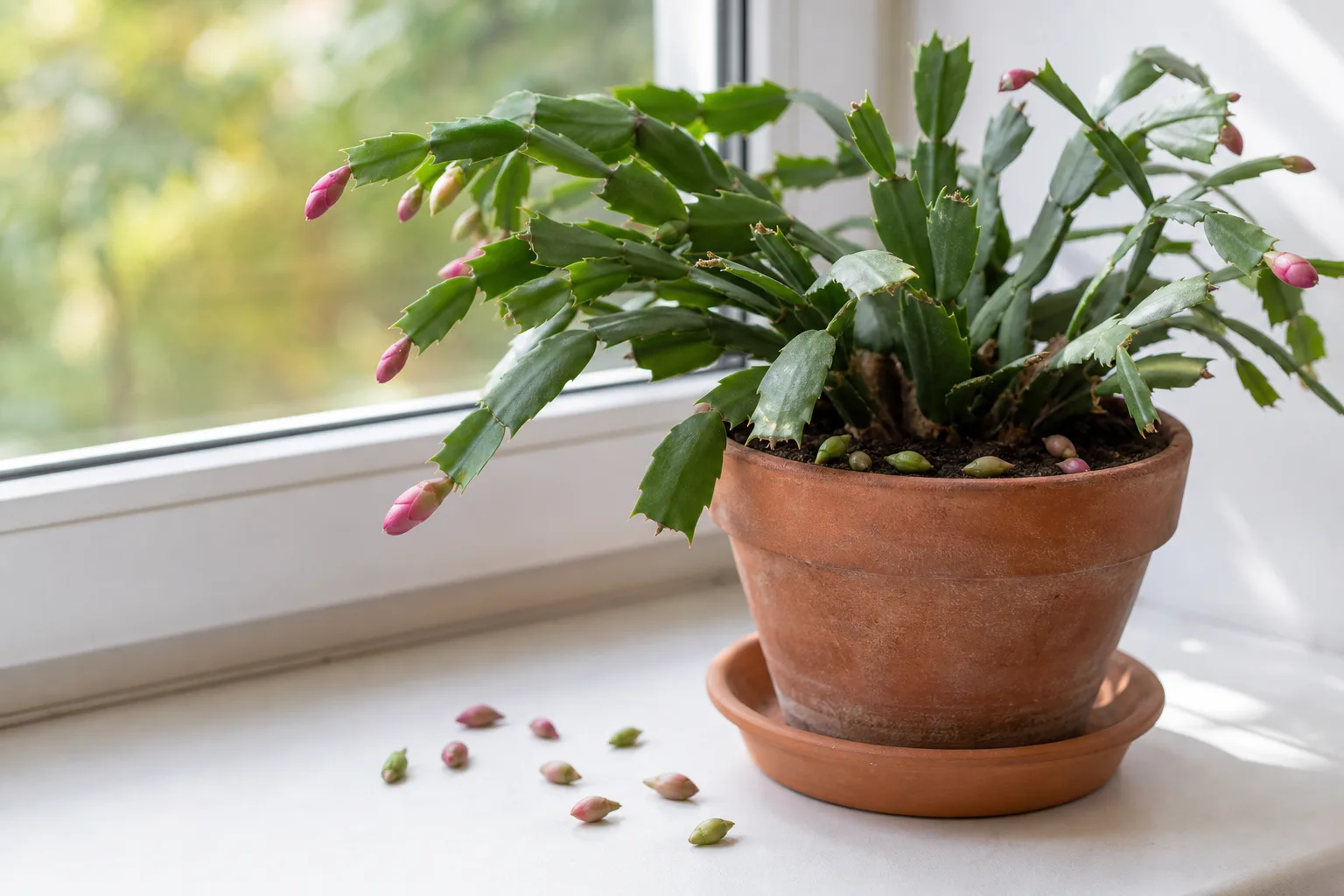 Bud drop on Christmas cactus - detached unopened buds on soil with bare segment tips