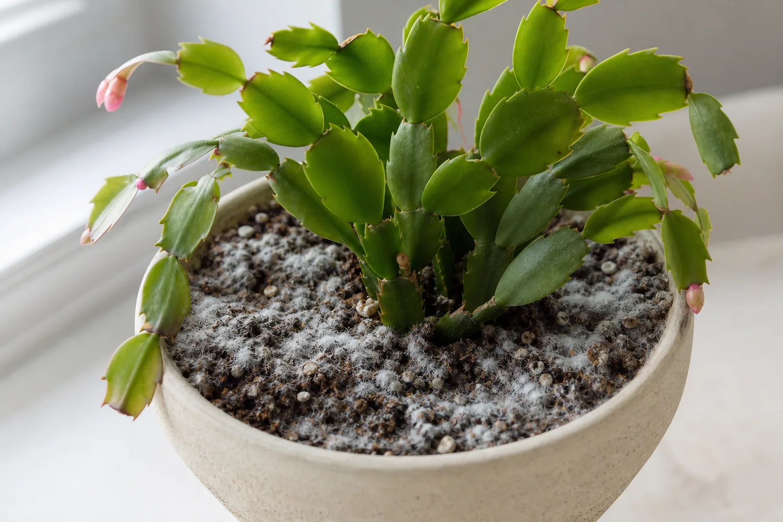 Mold on soil on Christmas Cactus - white fuzzy growth on damp potting mix with firm green segments