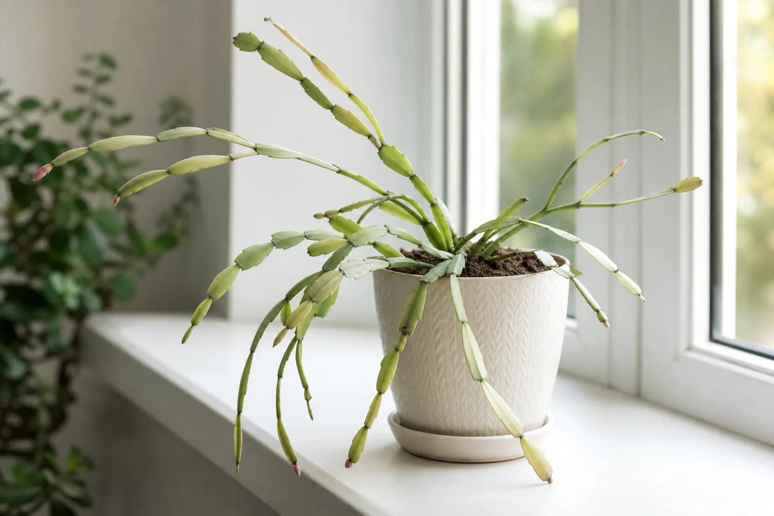 Not enough light on Christmas cactus - elongated thin phylloclades leaning toward the window