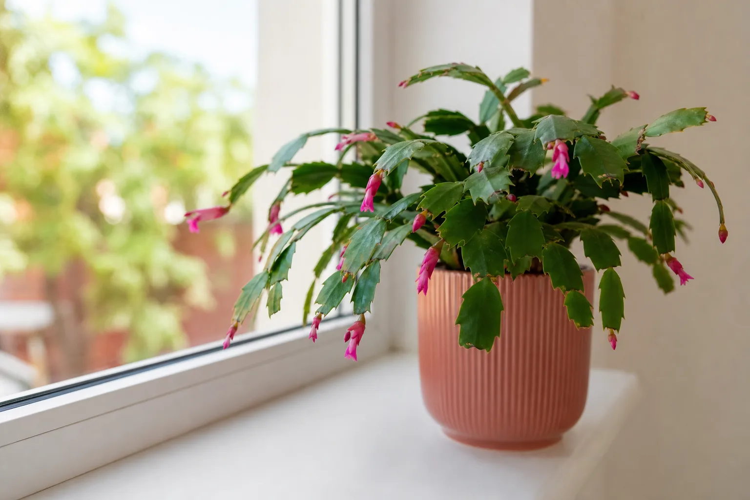Small flowers on Christmas cactus - undersized narrow tubular blooms at segment tips