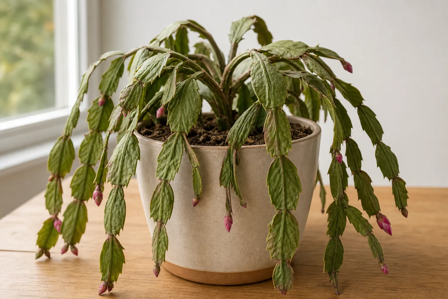 Underwatering on Christmas cactus - wrinkled thin phylloclades and limp pendant chains