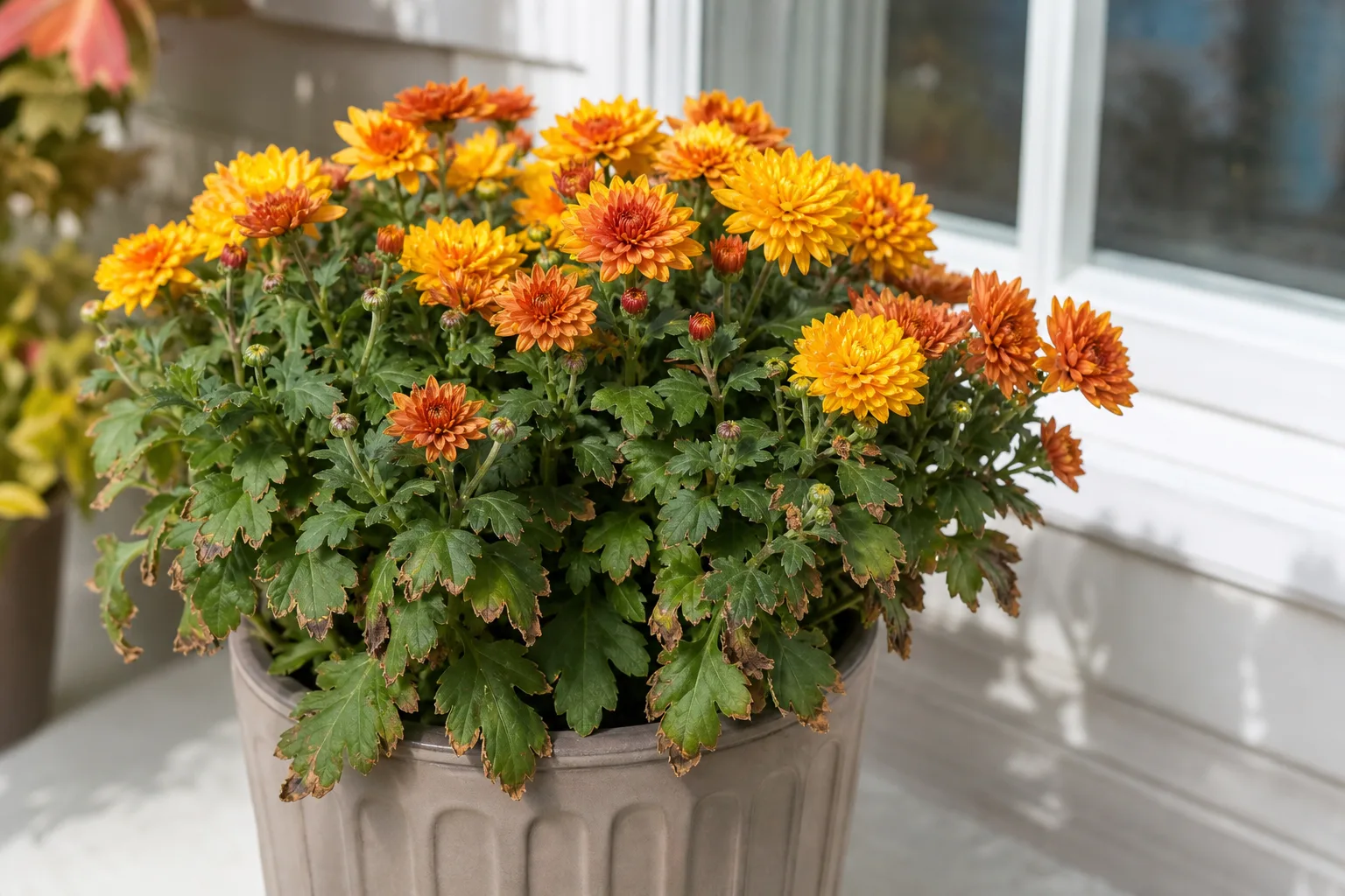 Brown tips on chrysanthemum - tan crispy necrotic leaf margins on autumn mum foliage during bloom