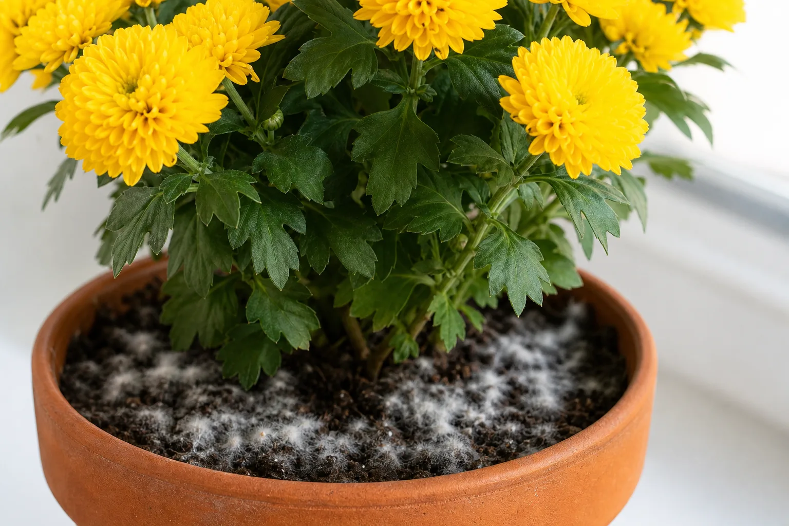 Mold on soil on chrysanthemum - white fuzzy growth on damp potting mix with healthy foliage