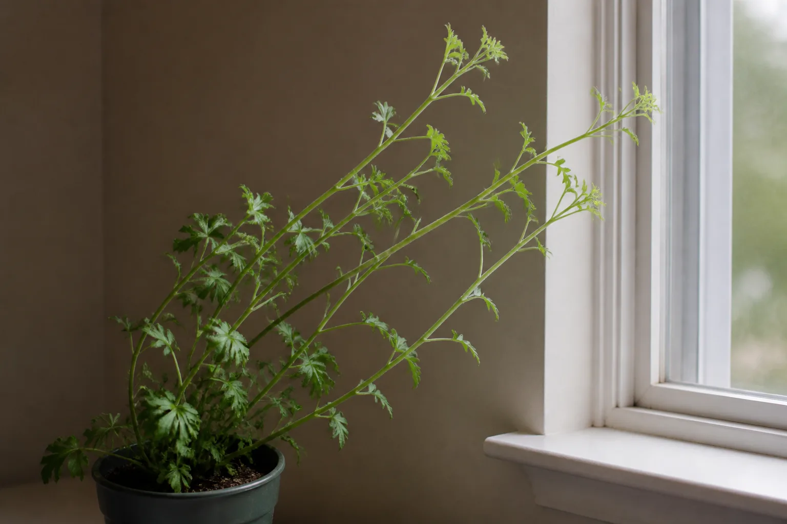 Not enough light on chrysanthemum - leggy stretched stems leaning toward the window