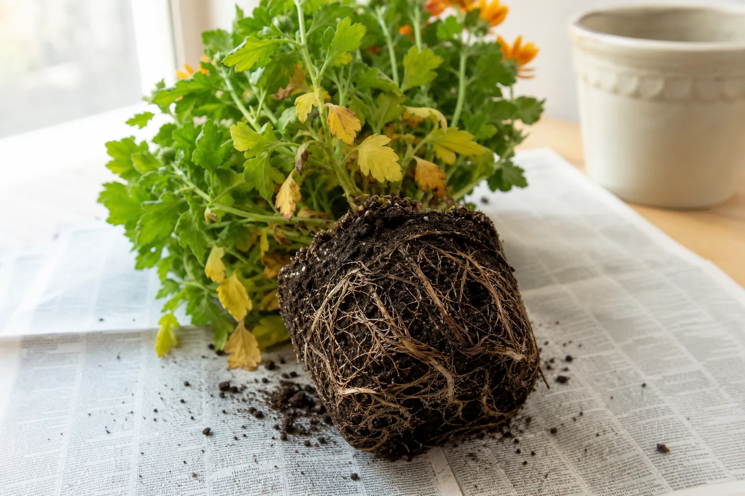Root rot on chrysanthemum - brown mushy roots exposed during unpotting with yellow lower leaves above