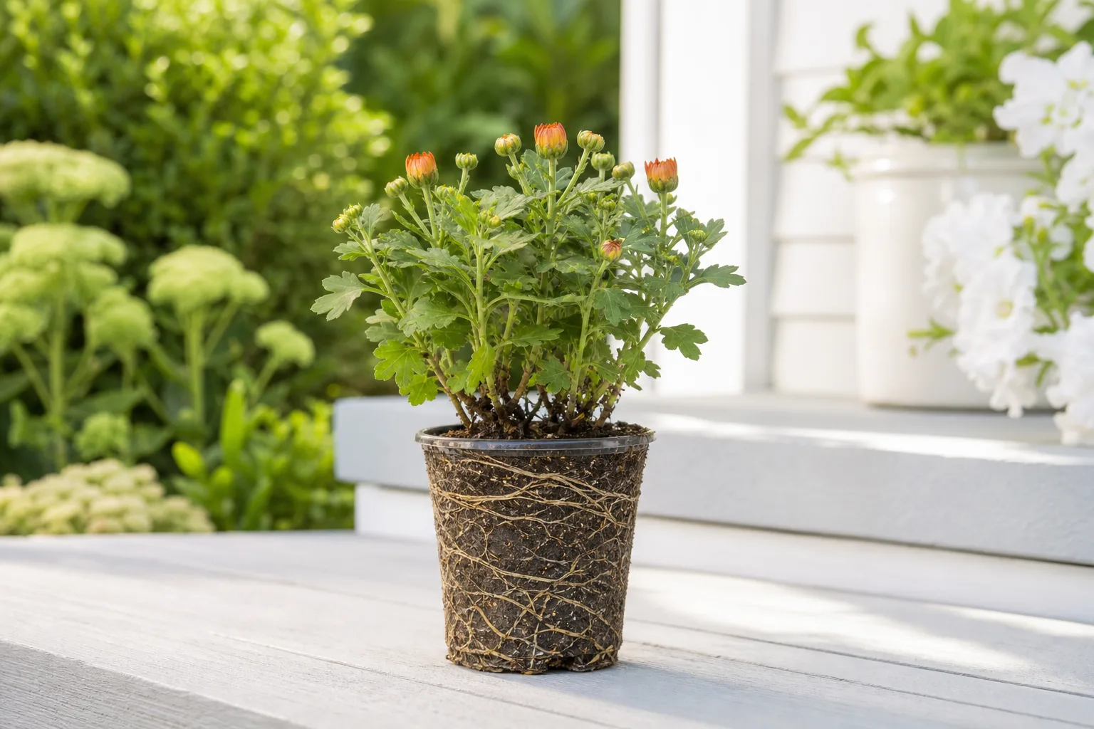 Slow growth on chrysanthemum - sparse basal shoots with undersized pale leaves in a rootbound nursery pot
