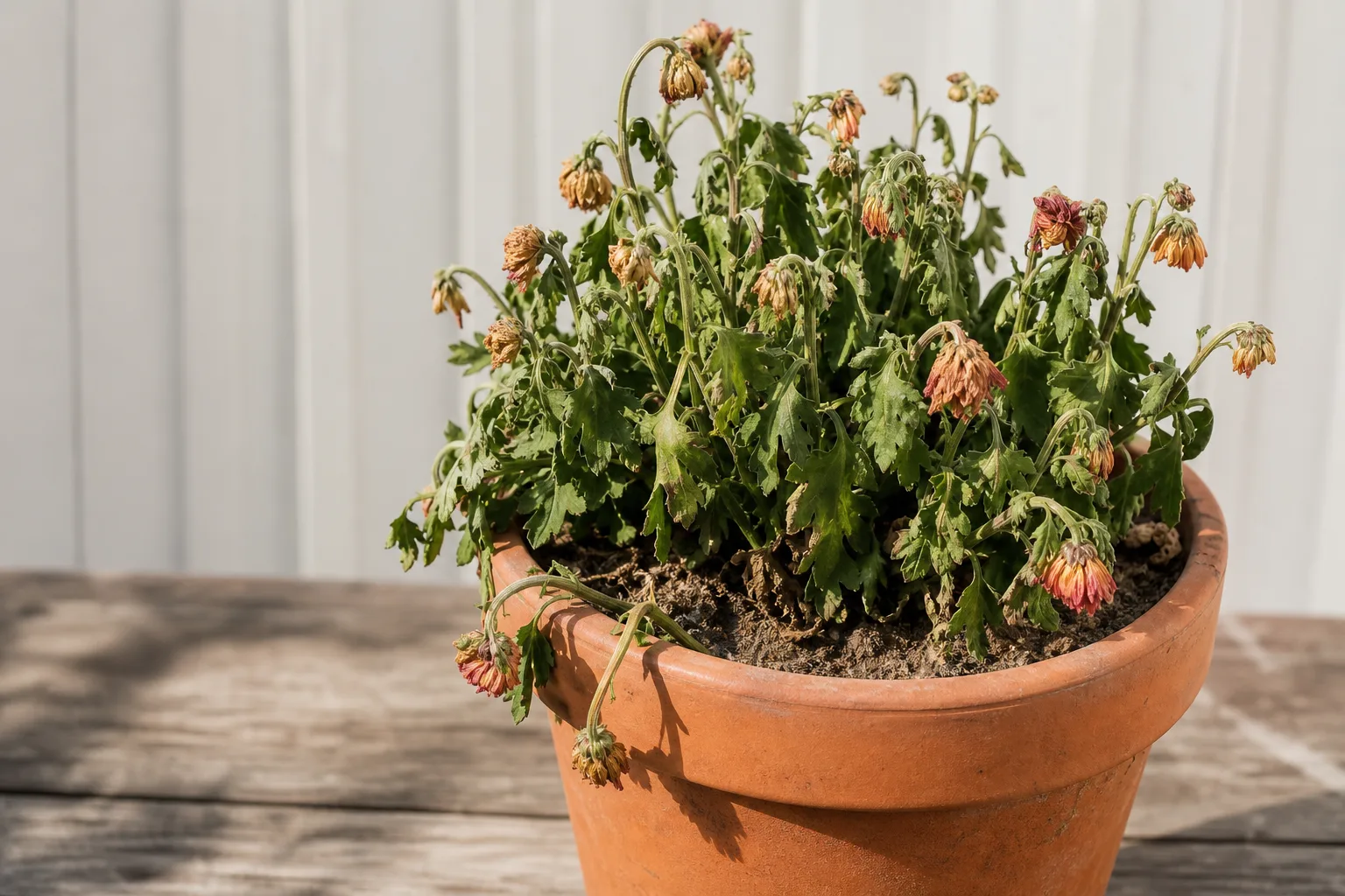 Underwatering on chrysanthemum - wilted drooping stems and flowers above dry soil