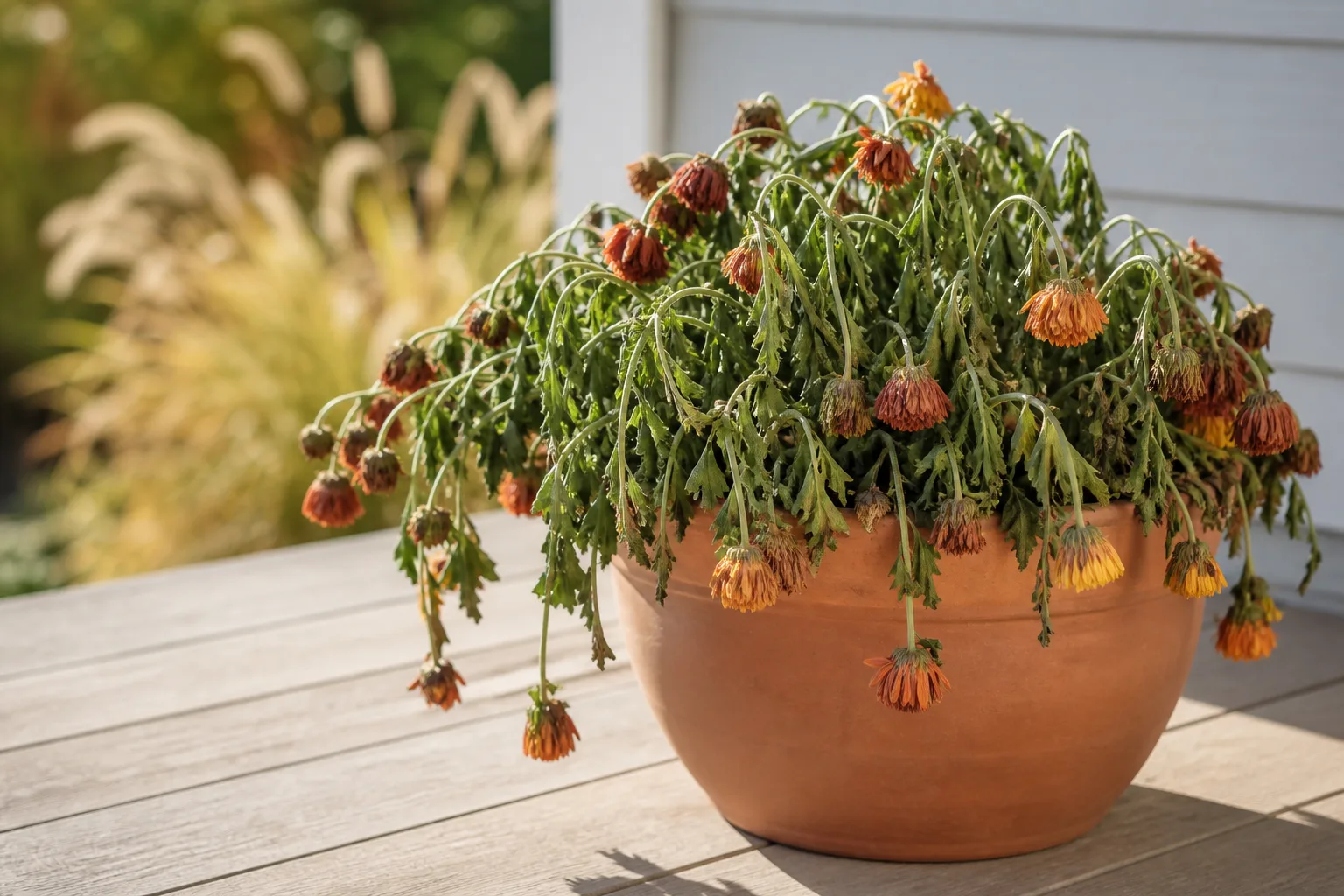 Wilting on chrysanthemum - limp drooping leaves and sagging autumn flower stems on a porch mum