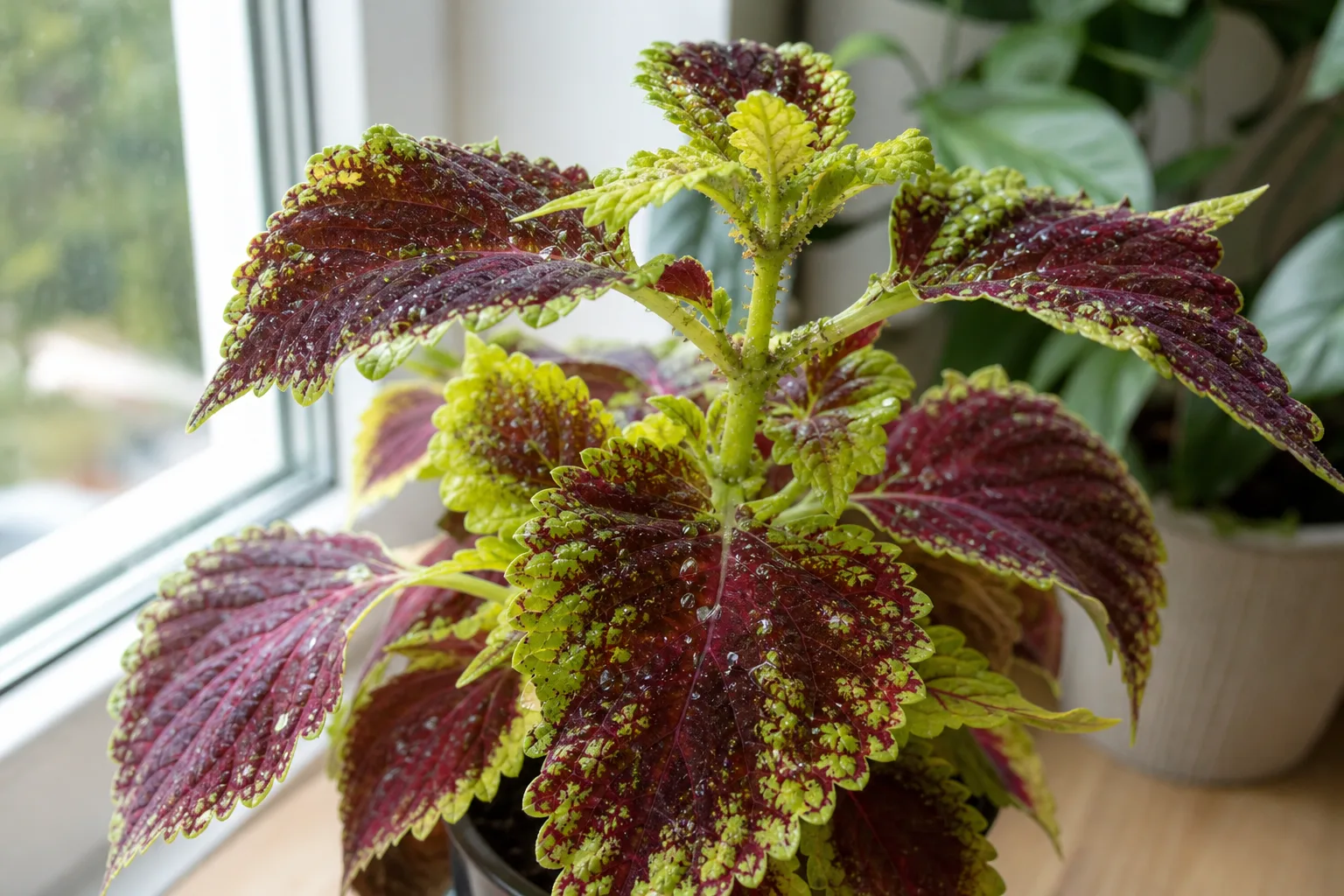Aphids on Coleus - green pear-shaped insects clustered on growing tips with sticky honeydew on colorful foliage