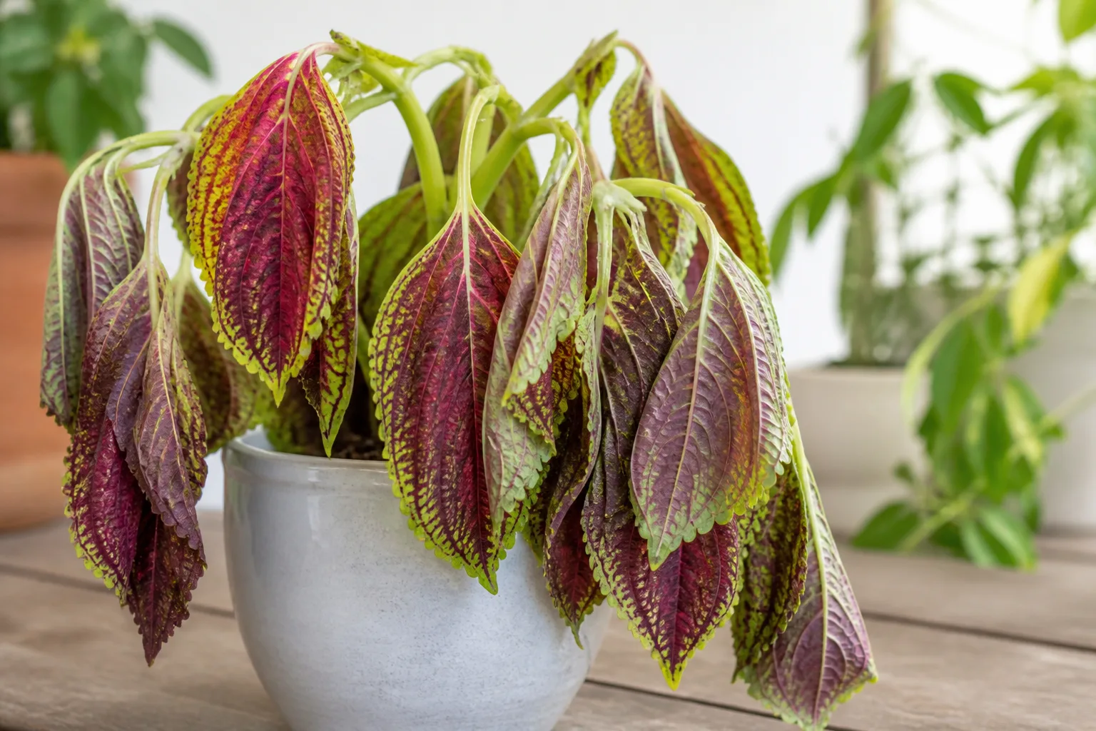Drooping leaves on coleus - limp hanging colorful leaves with slack petioles on a potted plant