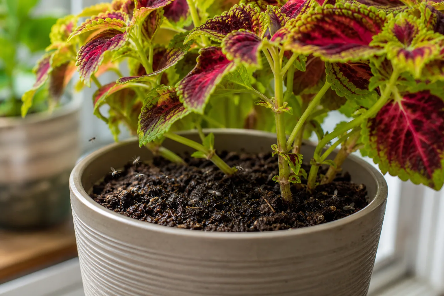 Fungus gnats on coleus - tiny dark flies at the damp soil surface of a colorful potted coleus