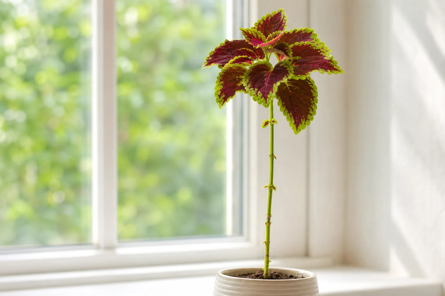 Leggy growth on Coleus - tall bare stem with colorful foliage clustered only at the tips