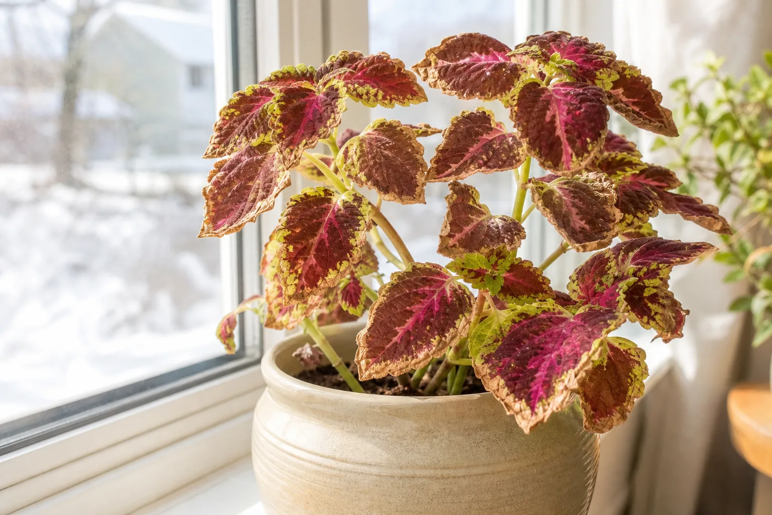 Low humidity on coleus - crispy brown papery leaf margins on colorful foliage near a winter windowsill