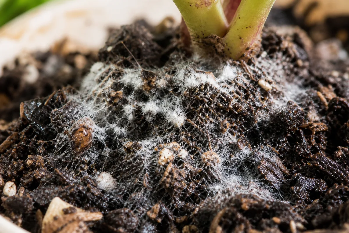 Close-up of mold on Coleus potting soil - white fuzzy mycelium on damp surface near stem base