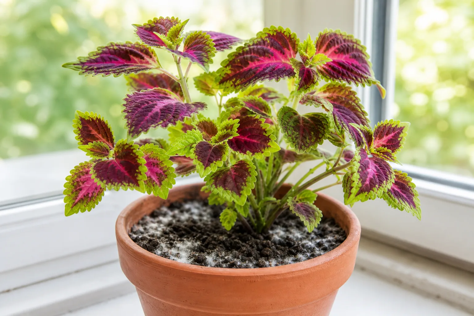 Mold on soil on Coleus - white fuzzy fungus on damp potting mix with healthy colorful foliage above