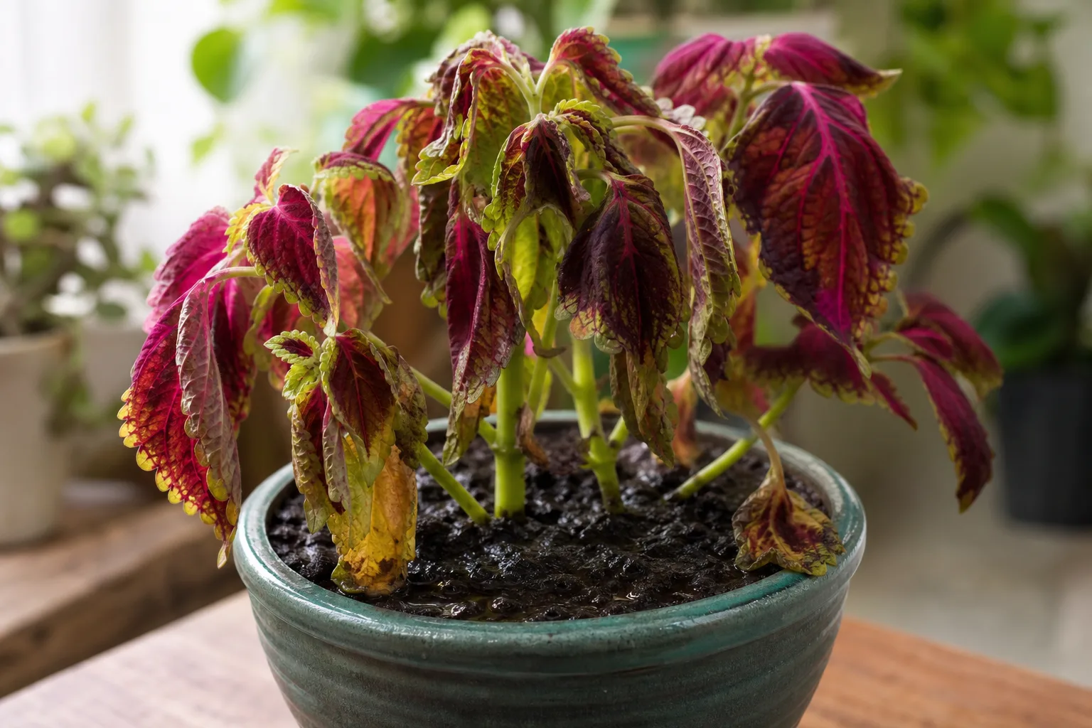 Overwatering on coleus - limp colorful leaves on wet heavy soil with paradoxical wilt