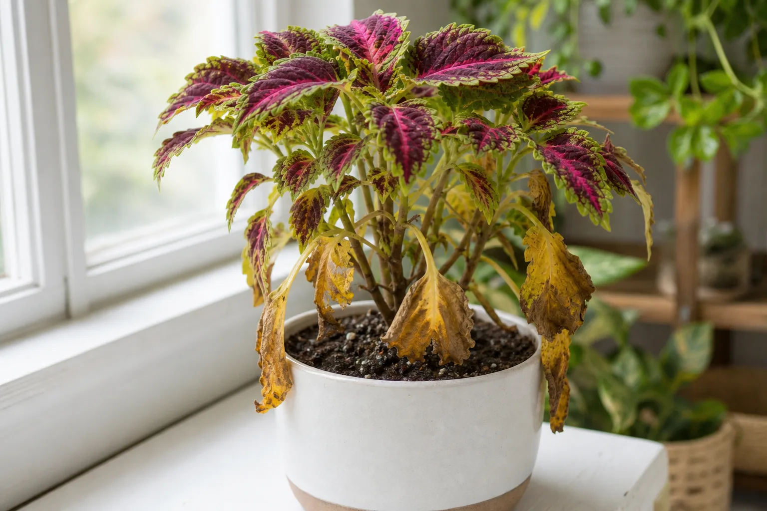 Root rot on Coleus - limp colorful foliage and yellow lower leaves on wet heavy potting mix