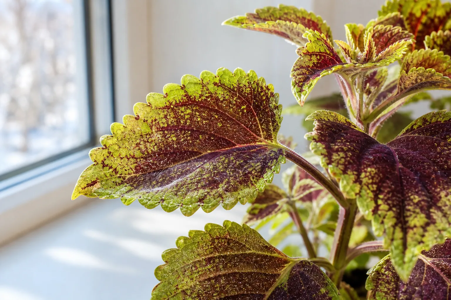 Spider mites on Coleus - fine yellow-white stippling on multicolor leaves with webbing at leaf bases