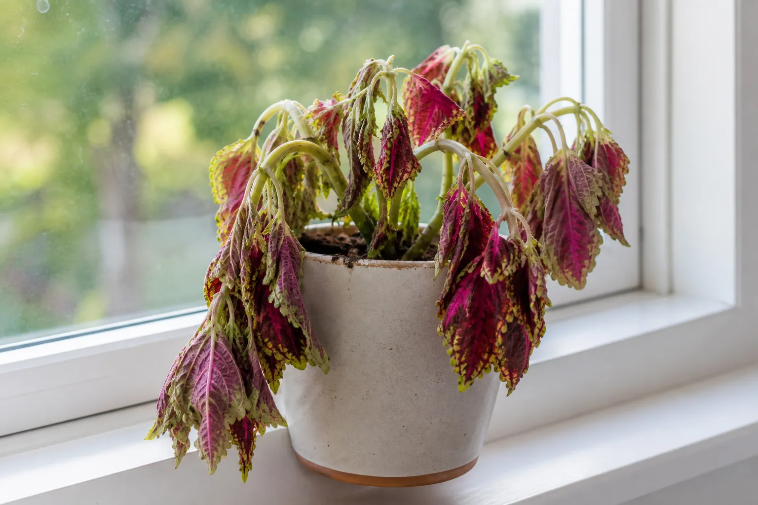 Underwatering on Coleus - dramatically wilted colorful leaves with dry potting soil