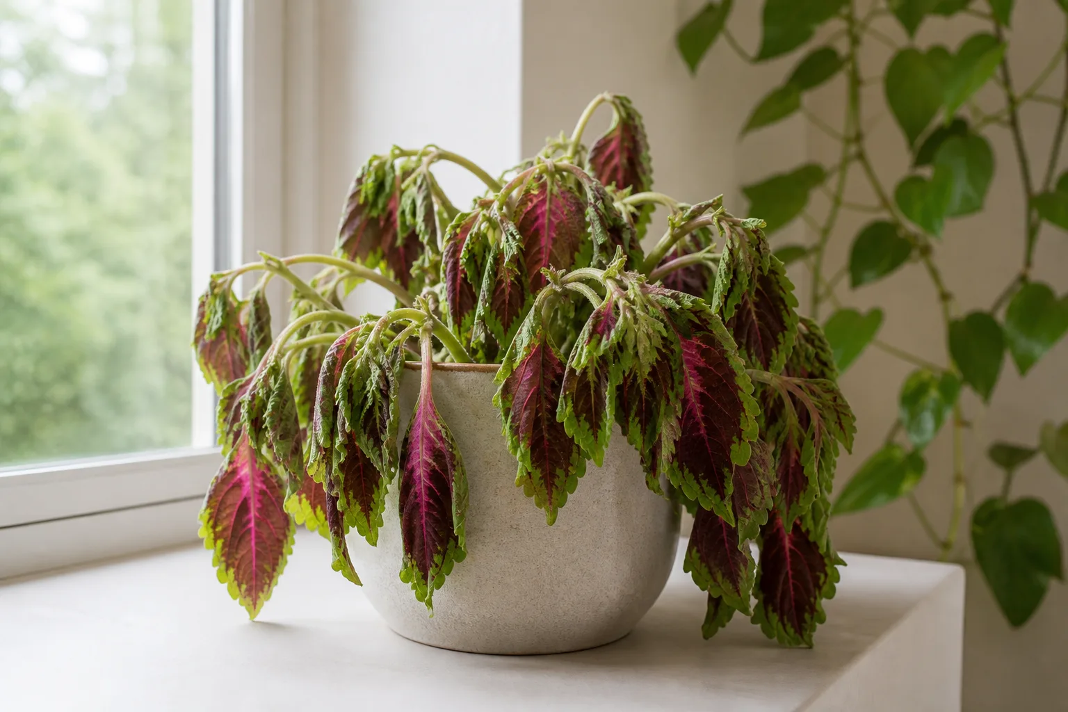 Wilting on Coleus - limp square stems and colorful leaves hanging without turgor