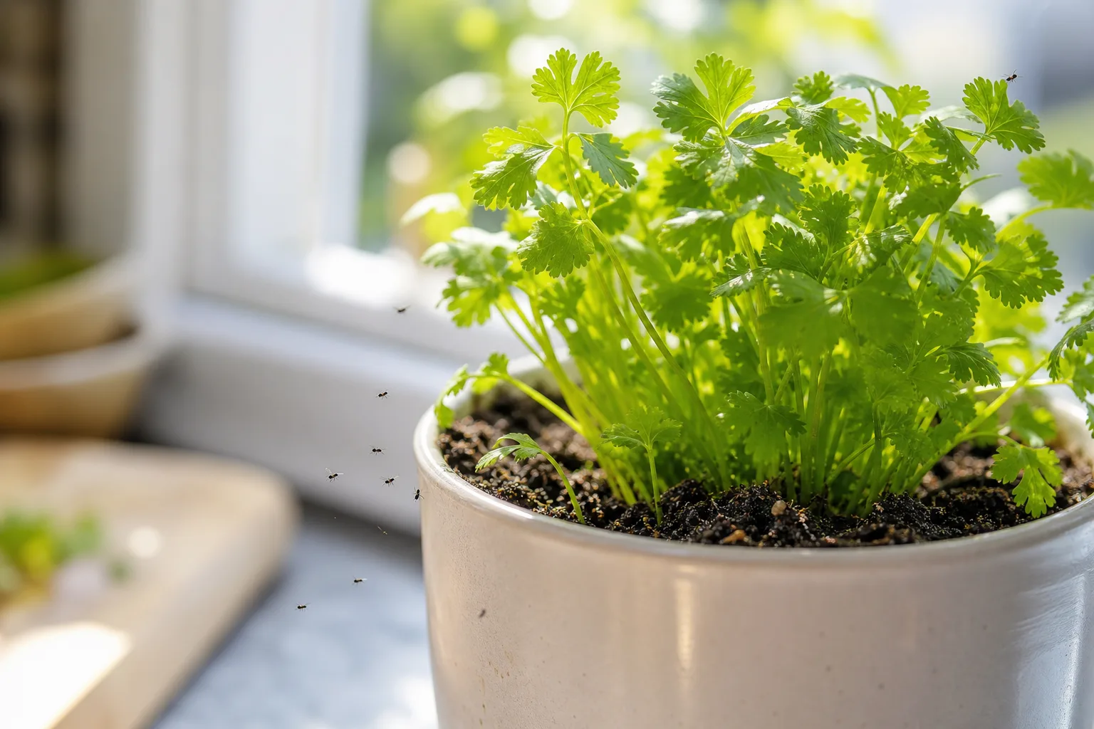 Fungus Gnats on Coriander - visible symptom on the plant