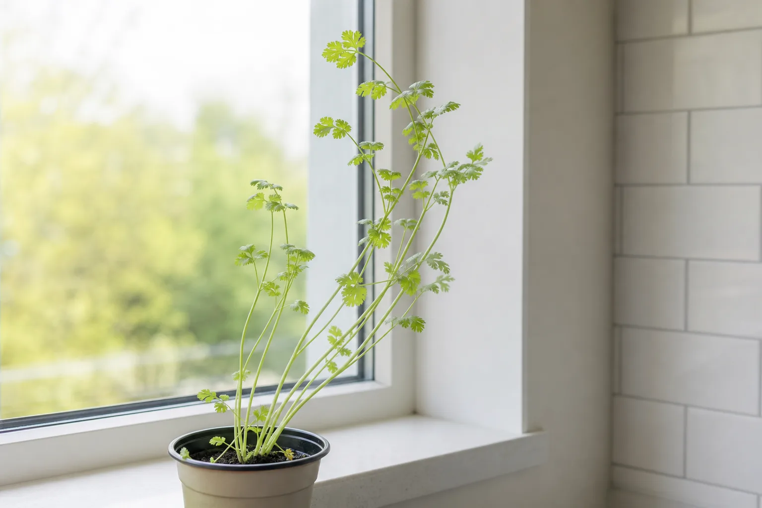 Leggy growth on coriander - thin stretched stems leaning toward a window with small pale leaves