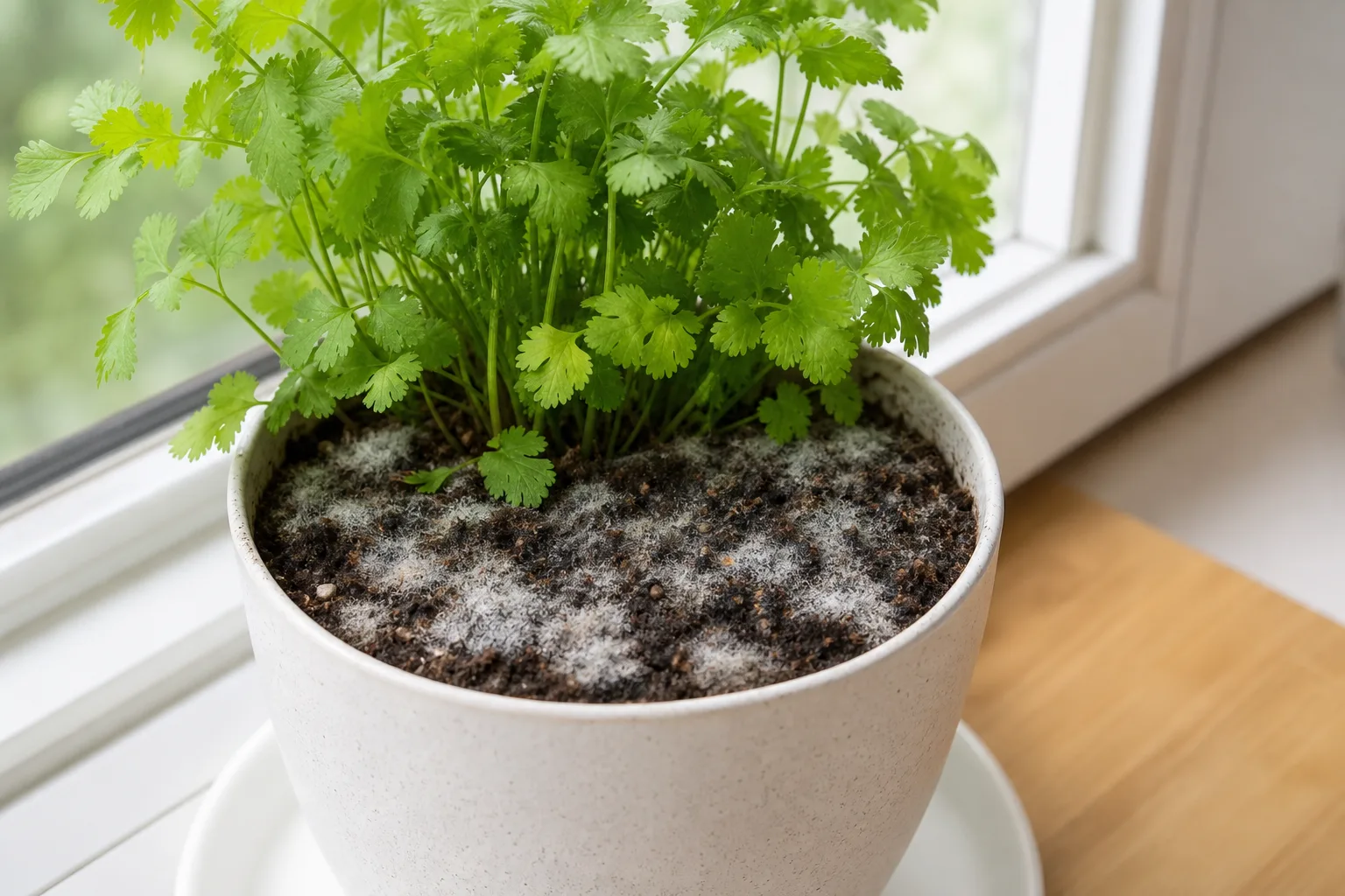 Mold on coriander soil - white fuzzy patches on a persistently wet potting mix surface