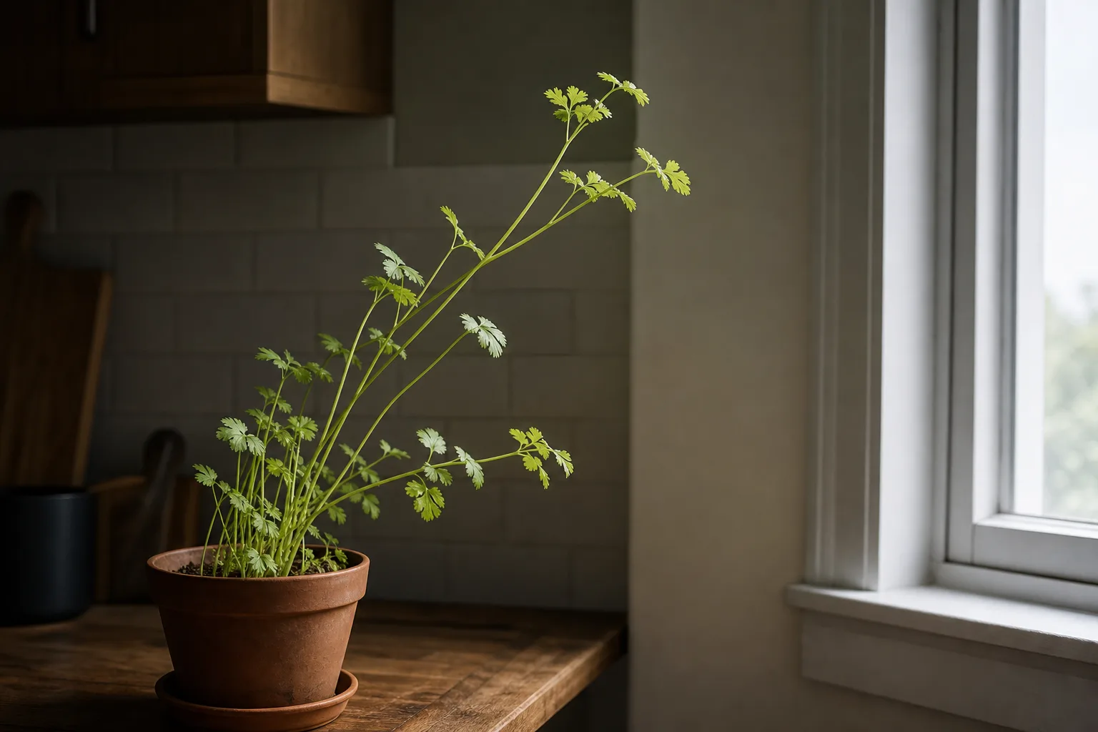 Not enough light on coriander - leggy thin stems leaning toward a dim kitchen window