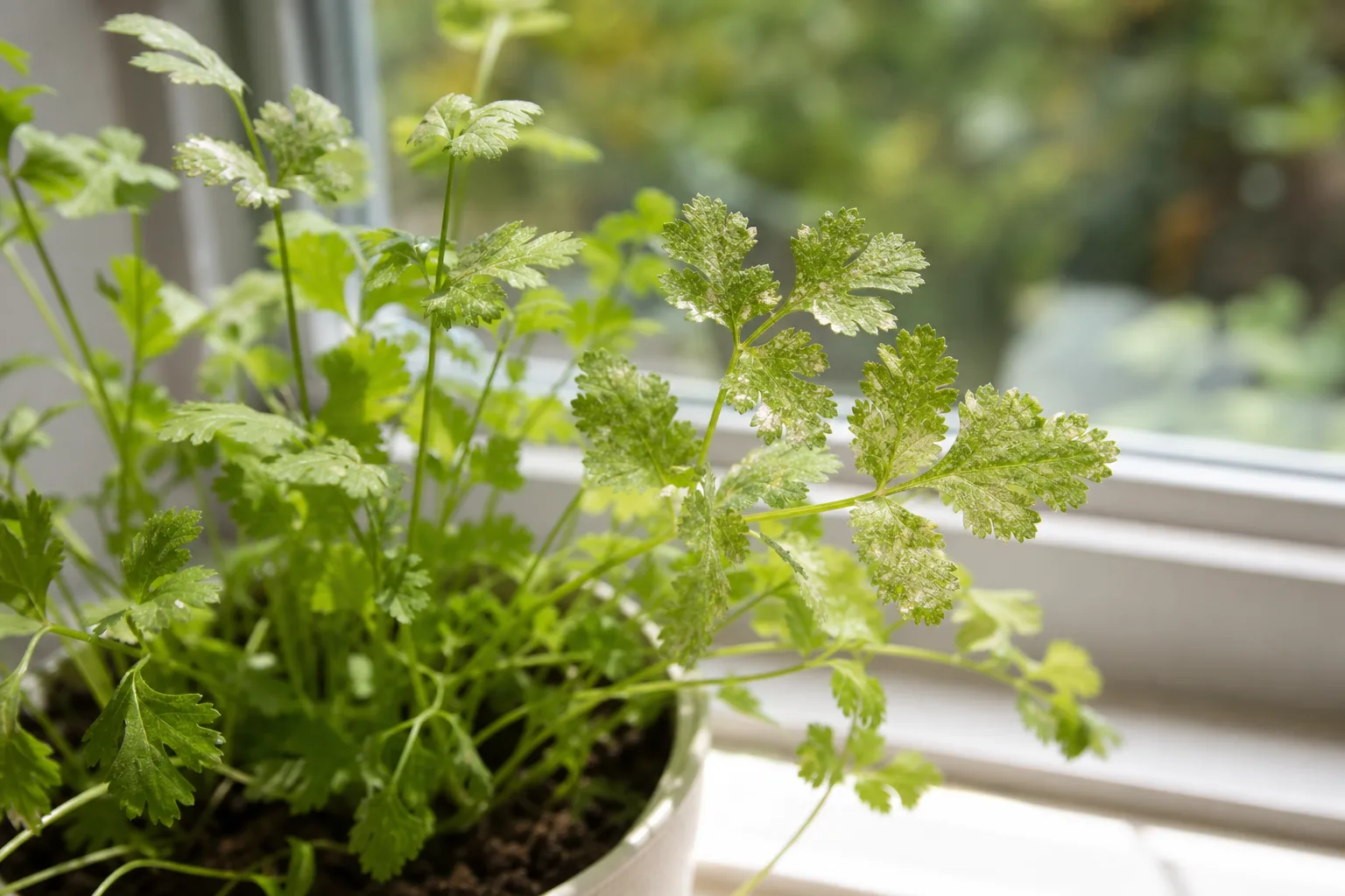 Spider mites on coriander - pale stippling and fine webbing on feathery cilantro shoots