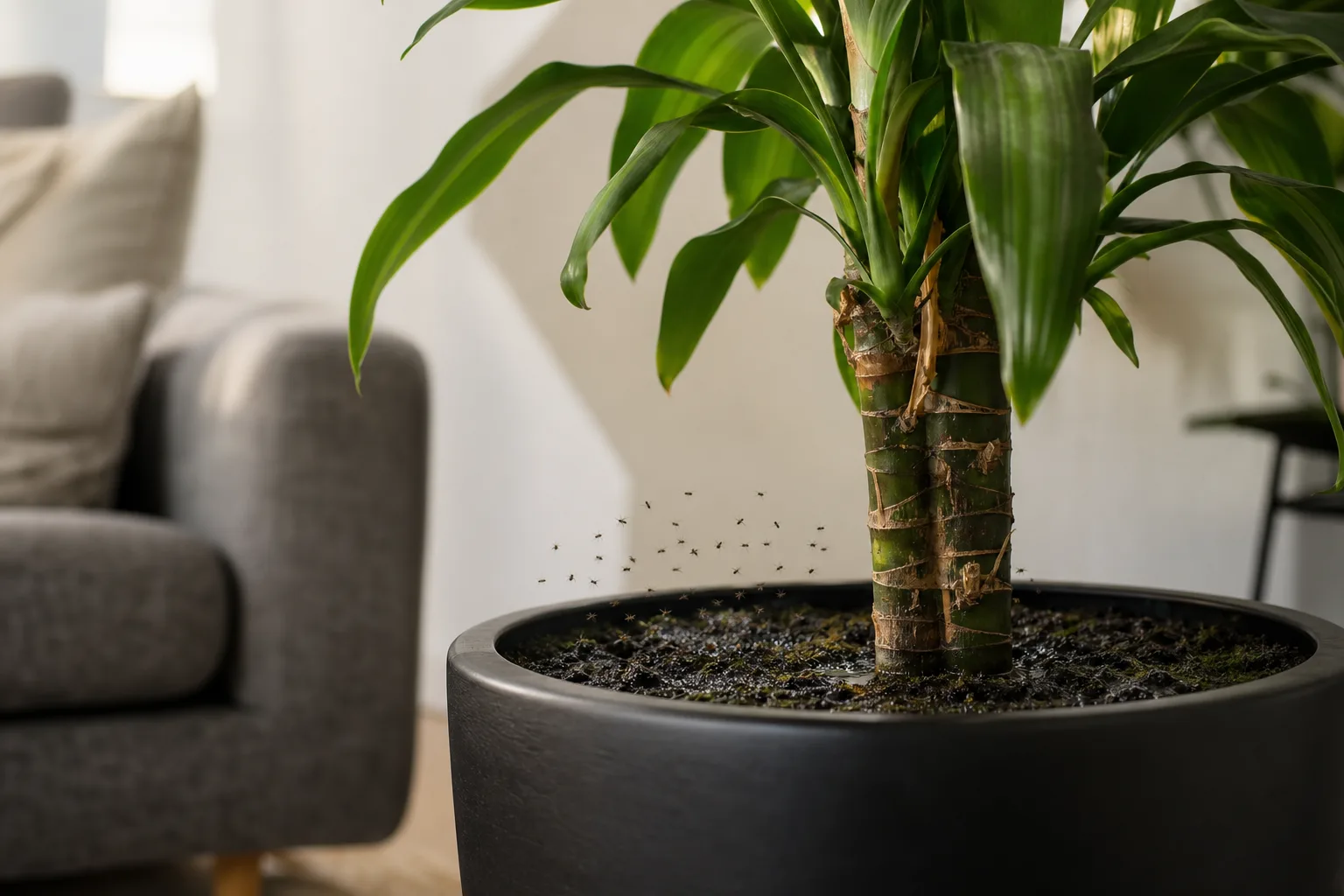 Fungus gnats on corn plant - tiny dark flies rising from damp soil at the base of a Dracaena cane
