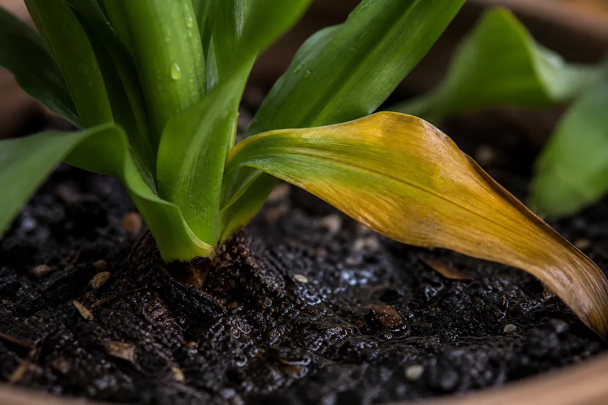 Close-up of Overwatering on Corn Plant - diagnostic detail